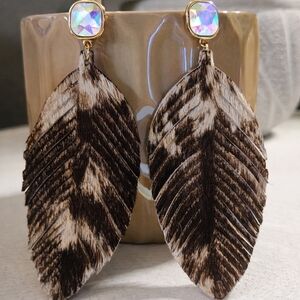 Feather Earrings with Iridescent Crystal Charm